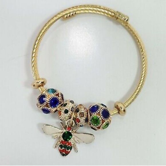 Multicolored Rhinestones Bee Charm Dangle, Stretch, Cuff Bracelet - Picture 6 of 9